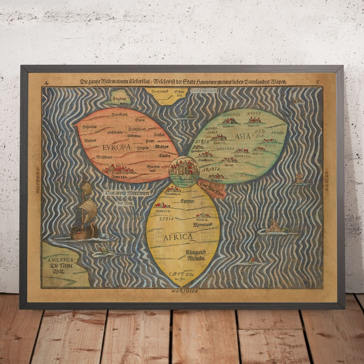 Ancienne carte du monde Cloverleaf avec Jérusalem au centre par Bunting, 1582 