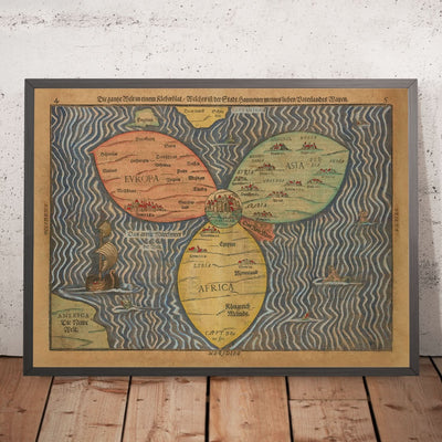 Ancienne carte du monde Cloverleaf avec Jérusalem au centre par Bunting, 1582 
