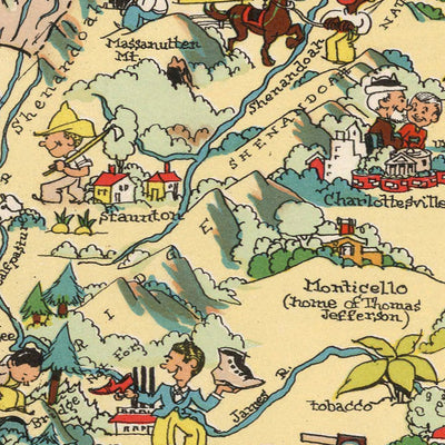 Pictorial Map of Virginia by Ruth Taylor White, 1935: Richmond, Norfolk, Chesapeake Bay, Blue Ridge Mountains, Jamestown