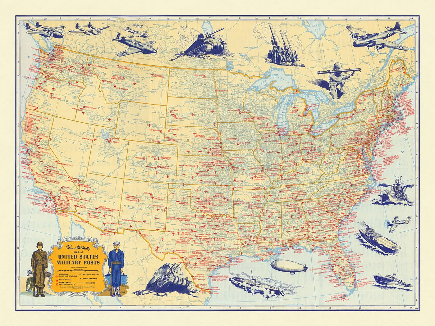Antigua Mapa Militar de los Estados Unidos por Rand McNally, 1944: WW2, Aeródromos, Bases Navales y del Ejército 
