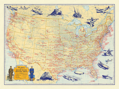 Antigua Mapa Militar de los Estados Unidos por Rand McNally, 1944: WW2, Aeródromos, Bases Navales y del Ejército 
