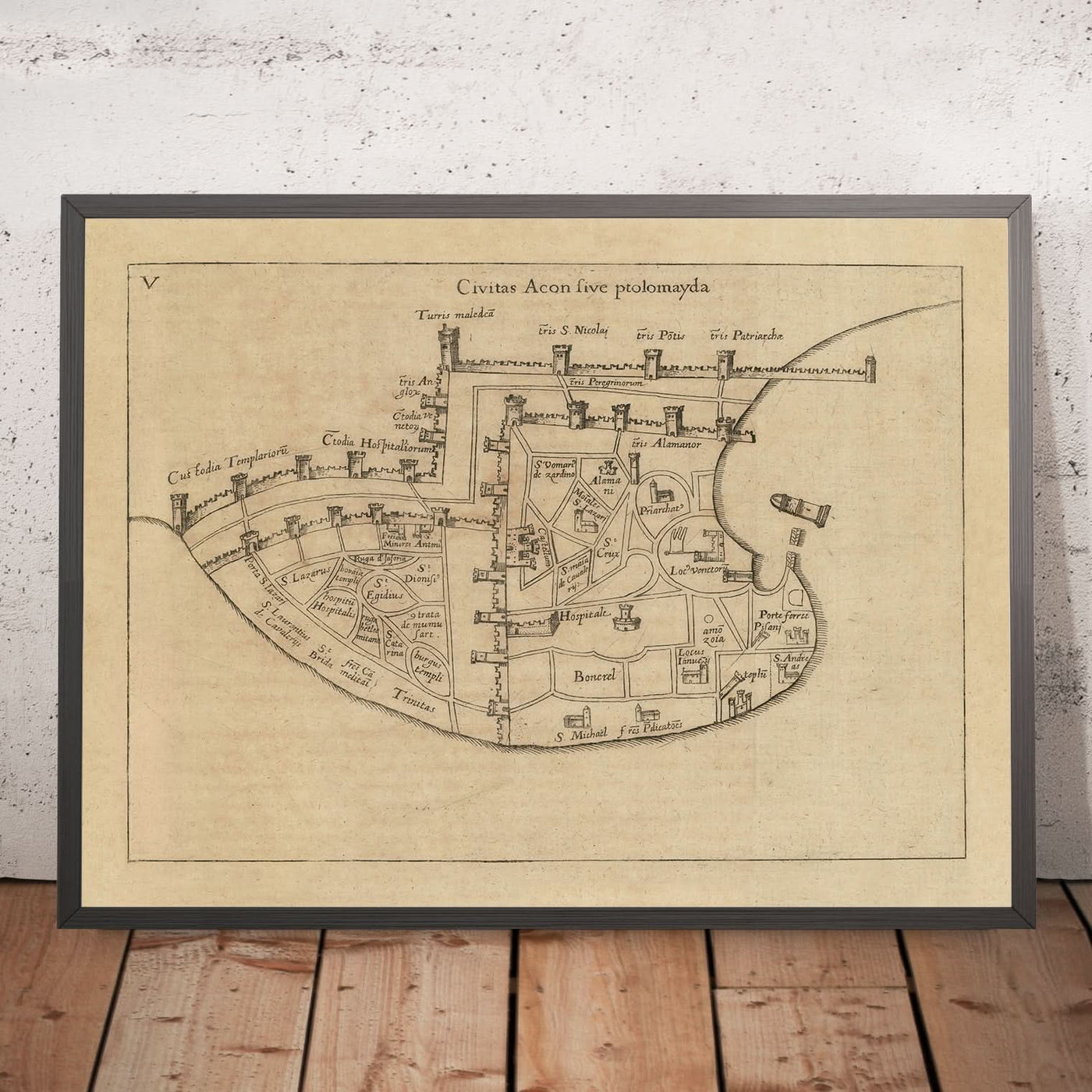 Ancienne carte d'Acre par Vesconte, 1611 : Templiers, Hospitaliers, Portus Pisani, Croisades 