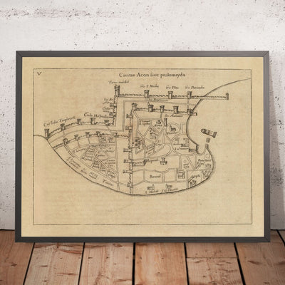 Ancienne carte d'Acre par Vesconte, 1611 : Templiers, Hospitaliers, Portus Pisani, Croisades 