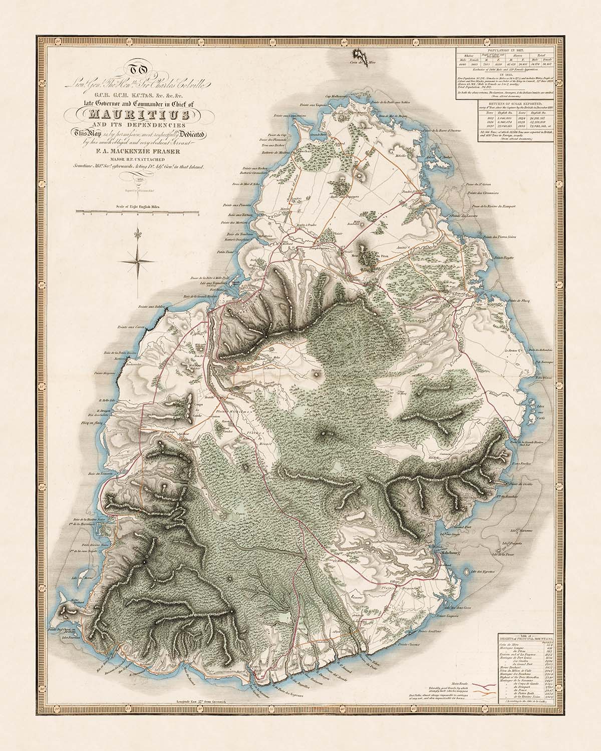 Antigua mapa raro de Mauricio por Fraser, 1835: Puerto Luis, Mahébourg, montañas 