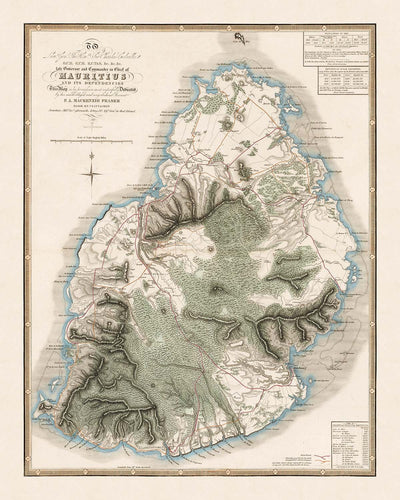 Antigua mapa raro de Mauricio por Fraser, 1835: Puerto Luis, Mahébourg, montañas 