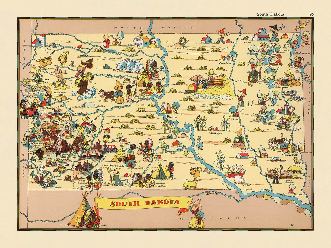 Pictorial Map of South Dakota by Ruth Taylor White, 1935: Sioux Falls, Black Hills, Mount Rushmore, Missouri River, Badlands