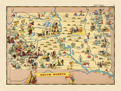 Pictorial Map of South Dakota by Ruth Taylor White, 1935: Sioux Falls, Black Hills, Mount Rushmore, Missouri River, Badlands