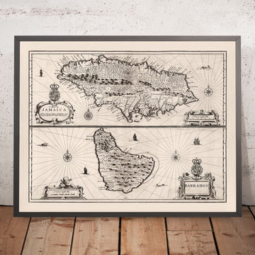 Antigua Mapa de Jamaica y Barbados por Speed, 1676: Puerto Real, Bridgetown, Montañas, Barcos 