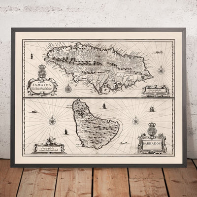Ancienne carte de la Jamaïque et de la Barbade par Speed, 1676 : Port Royal, Bridgetown, montagnes, navires 