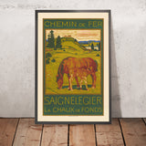 Poster di viaggio della Giura svizzera: Chemin de fer – Saignelégier – La Chaux-de-Fonds di Charles l’Eplattenier, 1932 