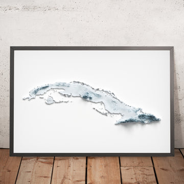 A framed image of a 3D style topographic relief map ofCuba