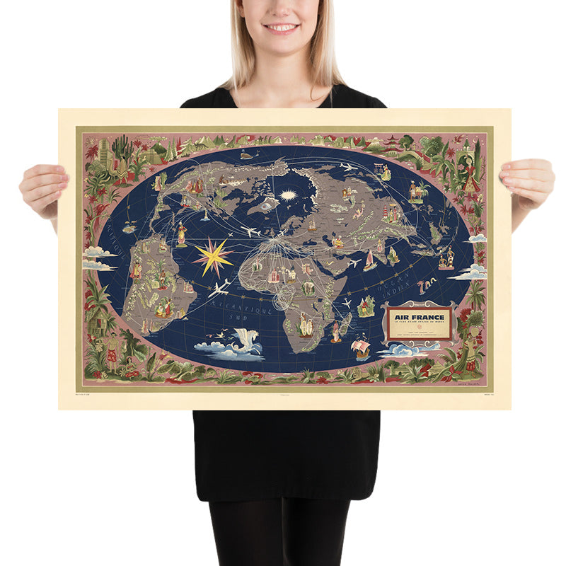 Old Oval Air France World Map by Boucher, 1961