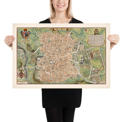 Antigua Mapa de Madrid por de Fer, 1705: Palacio Real, Calle Mayor, Campo Grande, Escudos de Armas, Iglesias 