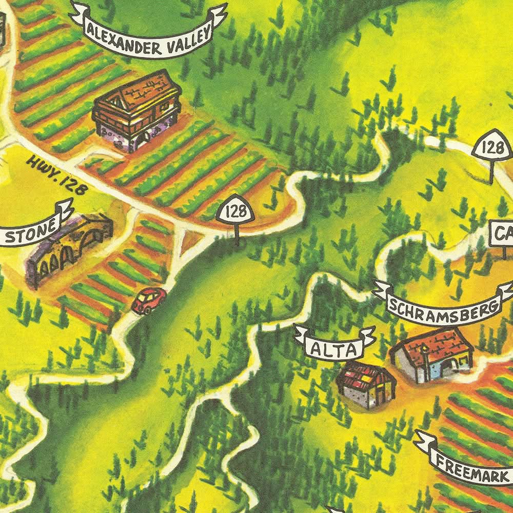Mapa del Viejo País del Vino de Napa y Sonoma por Morales, 1981: Santa Rosa, Lago Berryessa, Río Ruso 