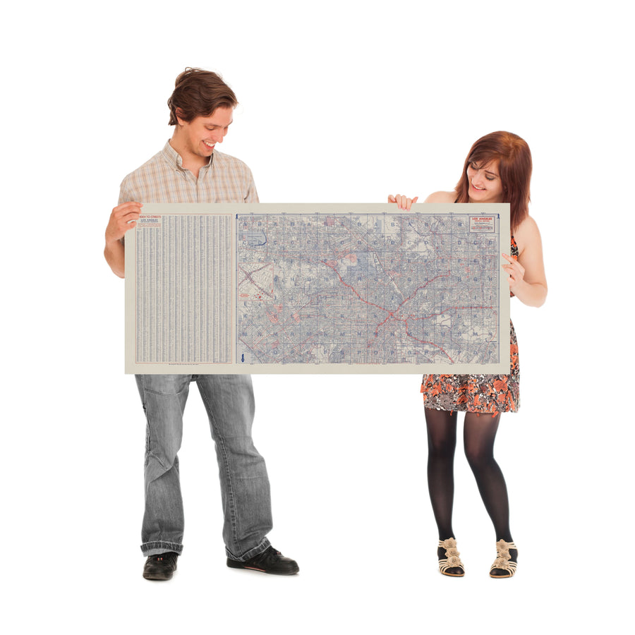 Grande mappa stradale di Los Angeles, 1955: Griffith Park, Elysian Park, fiume LA, centro, Hollywood 