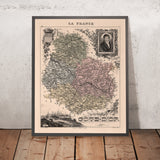 Alte Karte von Côte-d'Or von Vuillemin, 1869: Dijon, Beaune, Weinberge, Flüsse, Wappen 