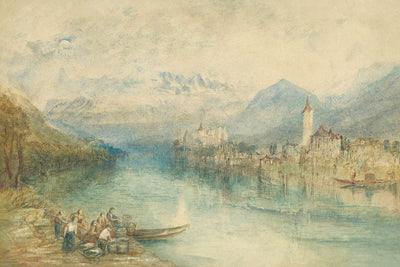 Looking towards Lake Thun, from opposite Scherzligen, with Schloss Schadau and the Niesen in the distance, Switzerland by Turner, 1804