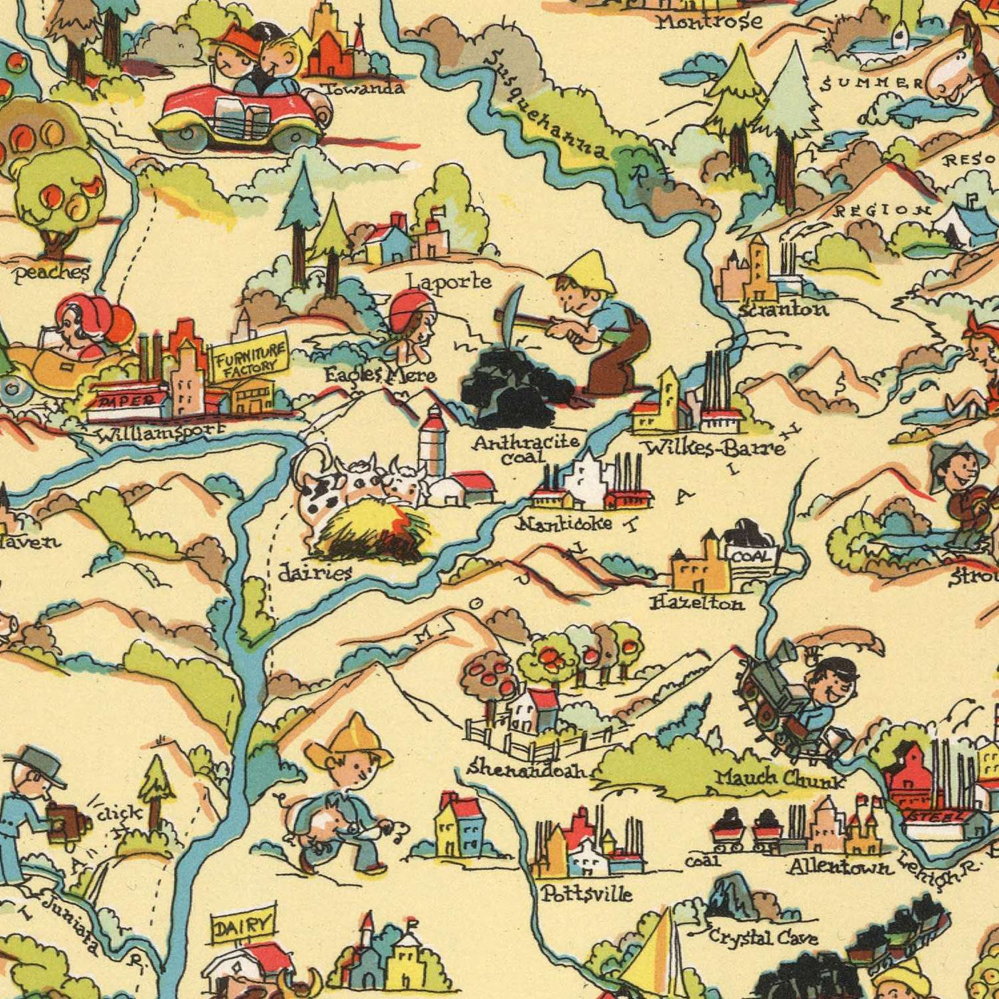 Pictorial Map of Pennsylvania by Ruth Taylor White, 1935: Philadelphia, Pittsburgh, Gettysburg, Amish, Appalachian Mountains