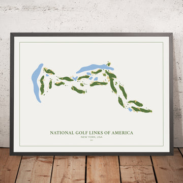 A framed image of National Golf Links of America in the style of a simple and modern golf course map