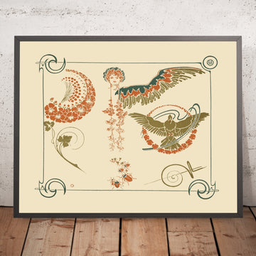 A framed image of Abstract Design with Flowers, Angels, Birds and Beetles by Alphonse Mucha, 1900