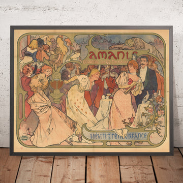 A framed image of Amants Theatre Poster by Alphonse Mucha, 1895