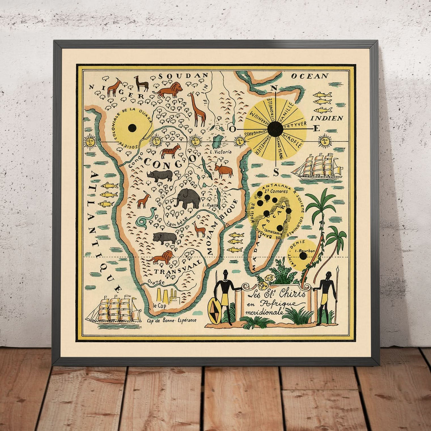 Old Map of South Africa by Mazuyer, 1931: Pictorial Style, Native Wildlife, Decorative Compass