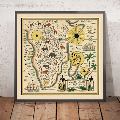 Old Map of South Africa by Mazuyer, 1931: Pictorial Style, Native Wildlife, Decorative Compass