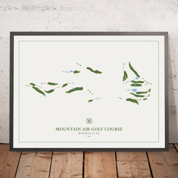 A framed image of Mountain Air Golf Course in the style of a simple and modern golf course map