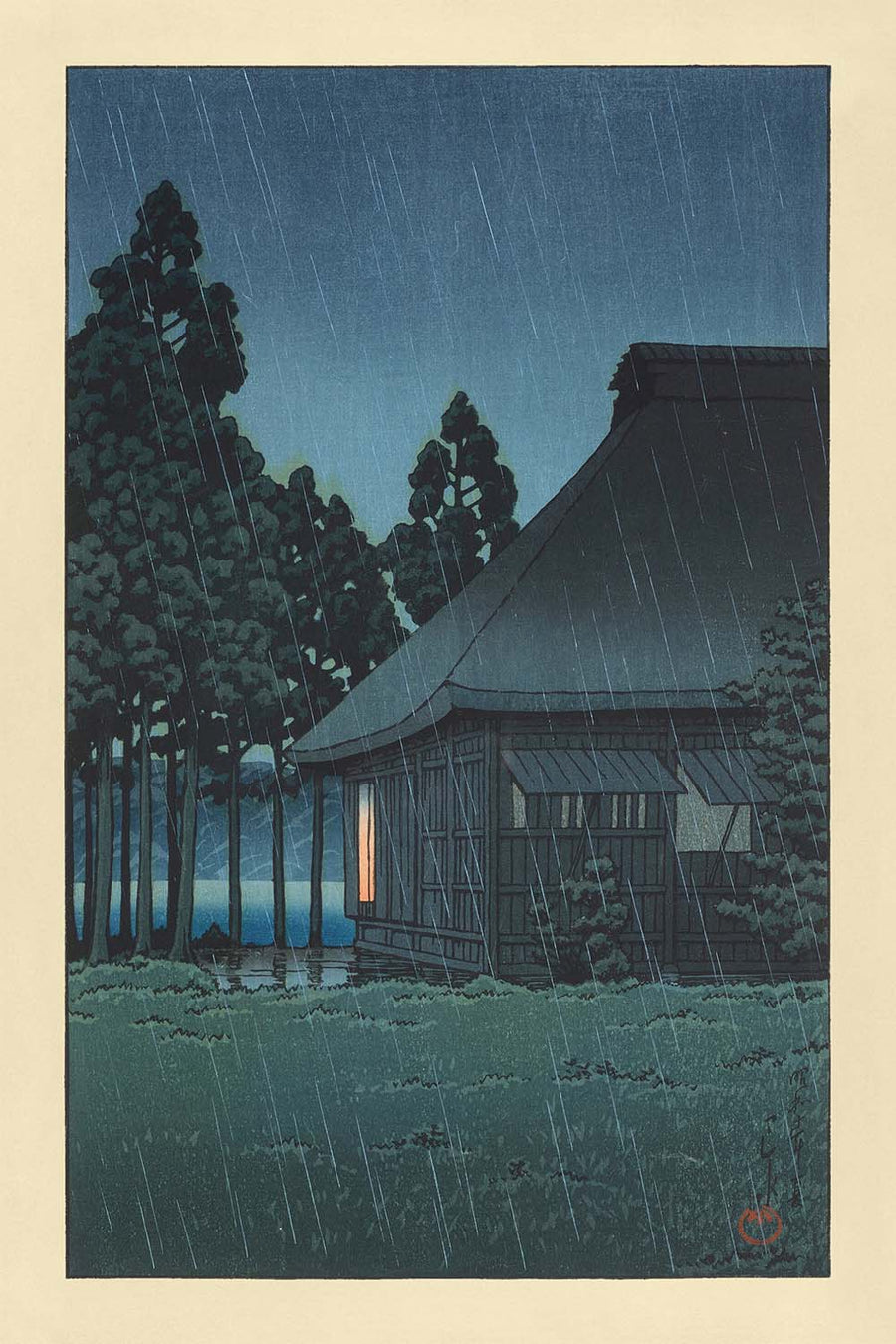 Evening Rain at a Lakeside Tearoom by Hasui Kawase 1935