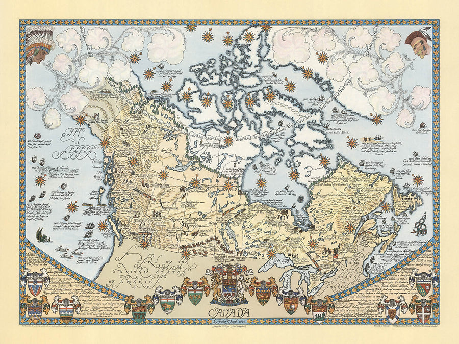 Mappa Pittorica Antica del Canada di Furse, 1964: Rocky Mountains, Grandi Laghi, Montreal, Baia di Hudson, Fauna 
