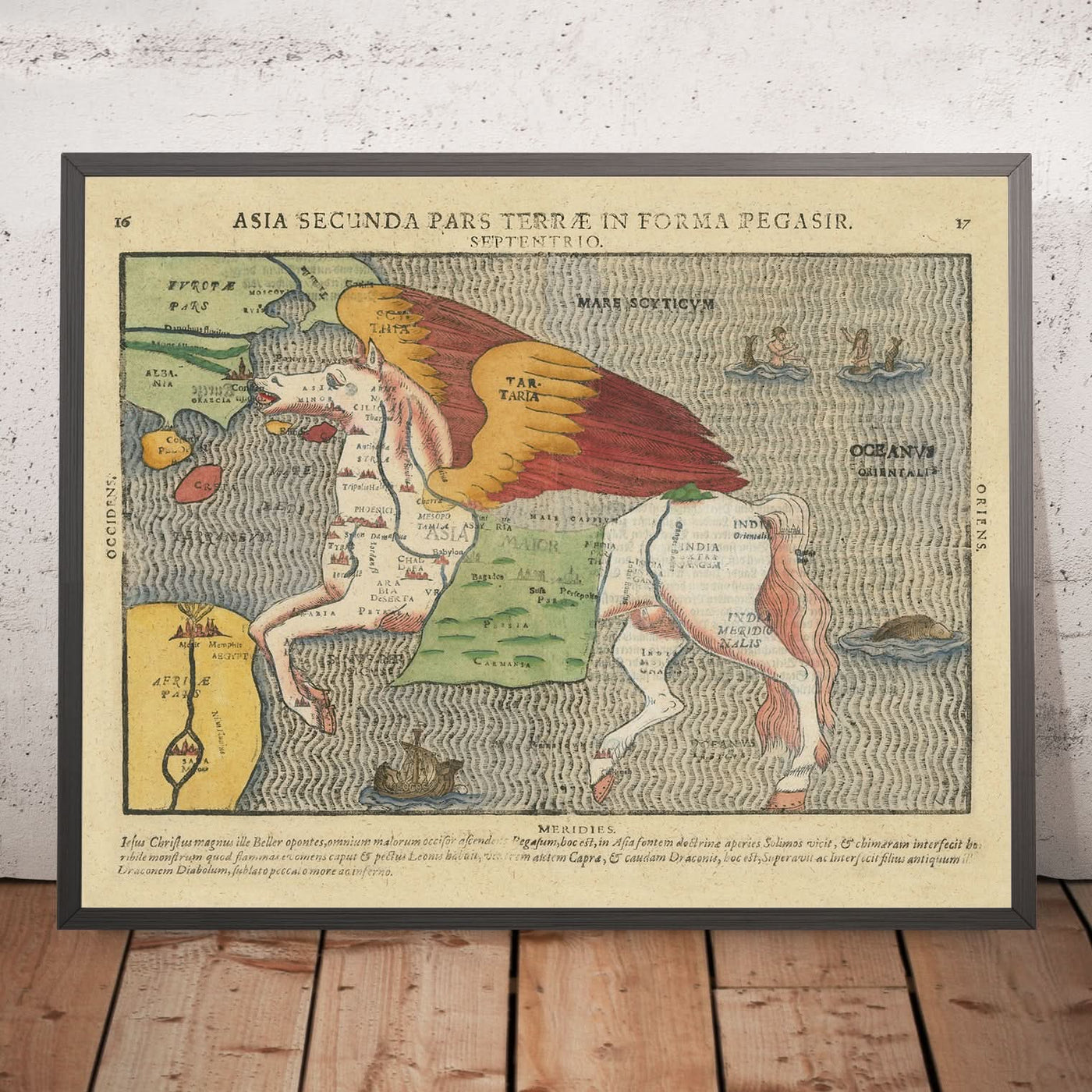 Alter Pegasus-Karte von Asien von Bunting, 1616: Mythisches Design, Symbolische Themen 