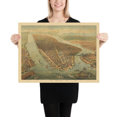 Old Birdseye Map of New York by Wachsmuth, 1898: Broadway, Central Park, Brooklyn Bridge, Governor's Island