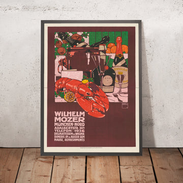 A framed image of Wilhelm Mozer Vintage Wine Poster by Ludwig Hohlwein, 1909