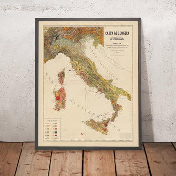 Large Old Geological Map of Italy by Virano e Teano, 1880: Alps, Apennines, Vesuvius, Etna, Po River