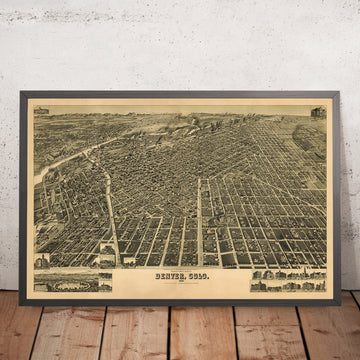 Antica mappa a volo d’uccello di Denver, Colorado di Wellge, 1889: 16th St, Larimer St, Colfax Ave, Tabor Opera House, Cherry Creek 