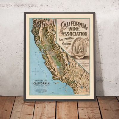 Old Topographical Wine Map of California, 1903: LA, SF, Napa, Sonoma, Pacific