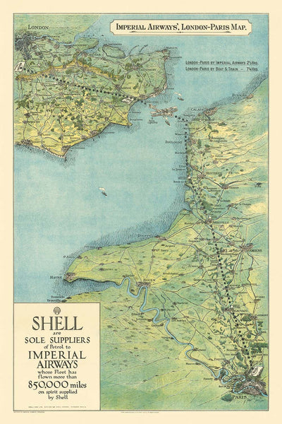 Old Route Map of London to Paris by Air, 1928: Imperial Airways, Croydon, Handley Page Biplane