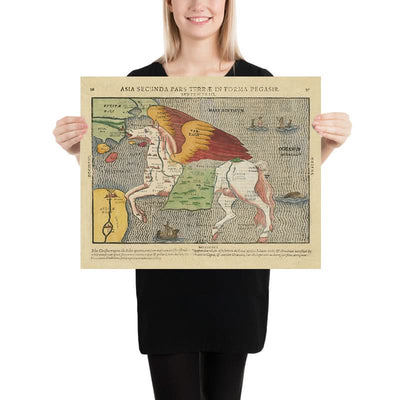 Alter Pegasus-Karte von Asien von Bunting, 1616: Mythisches Design, Symbolische Themen 