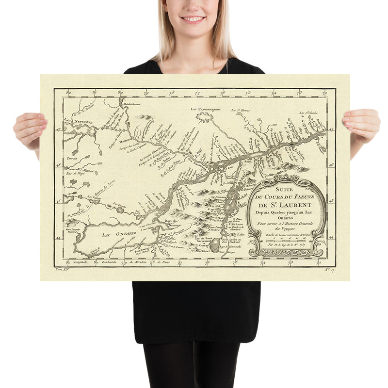 Alte Karte von Quebec und Ontario von Bellin, 1757: Sankt-Lorenz-Fluss, Lac Ontario, Lac Champlain, Fort Carillon, Fort Edward 