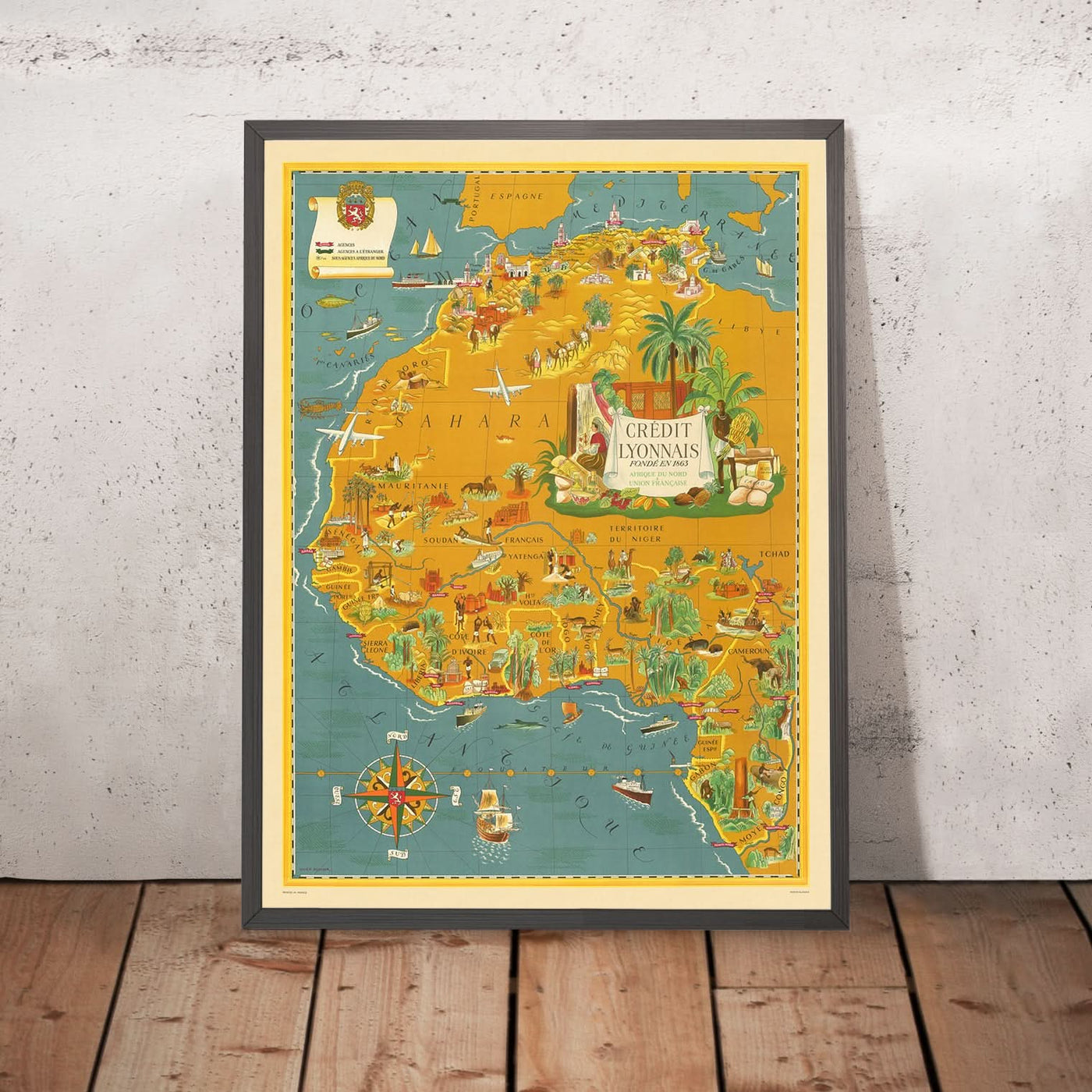 Ancienne carte de l'Afrique du Nord et de l'Afrique coloniale française par Boucher, 1945 : Casablanca, Alger, Dakar, Sahara 