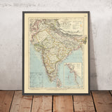 Ancienne carte de l'Inde par Letts, 1883 : Calcutta, Bombay, Madras, mer d'Arabie, baie du Bengale 