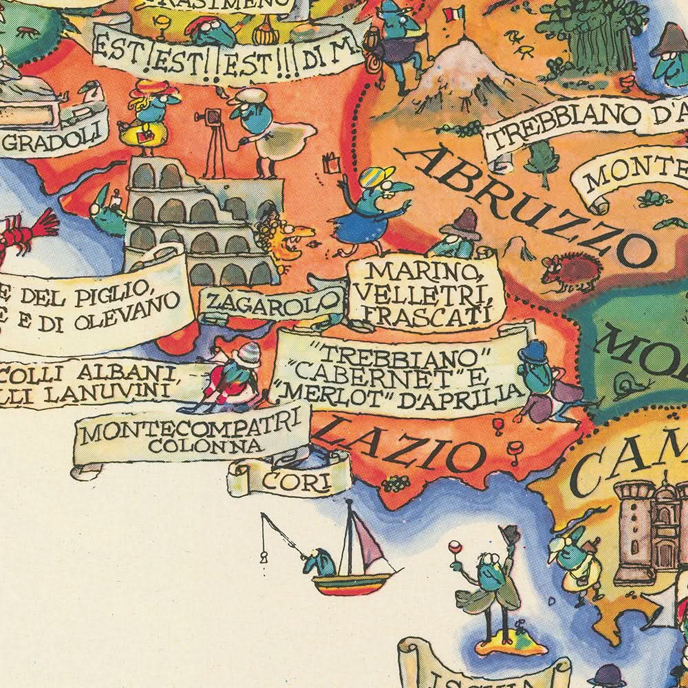 Antigua Mapa Pictórico del Vino de Italia, 1976: Regiones Vinícolas, Ilustraciones Míticas, Viticultura 