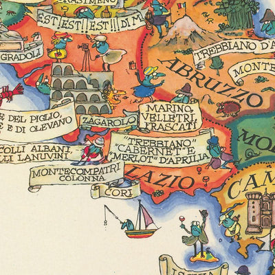 Antigua Mapa Pictórico del Vino de Italia, 1976: Regiones Vinícolas, Ilustraciones Míticas, Viticultura 