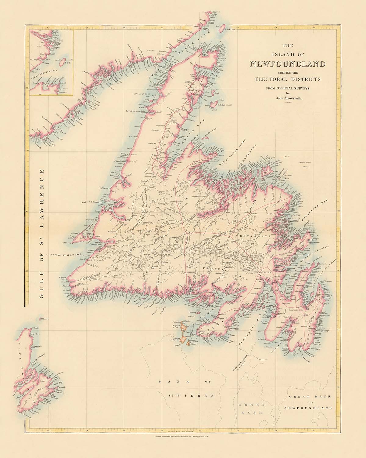 Old Map of Newfoundland by Arrowsmith, 1884: St. John's, Great Bank, Trinity Bay, Rivers, Electoral Districts