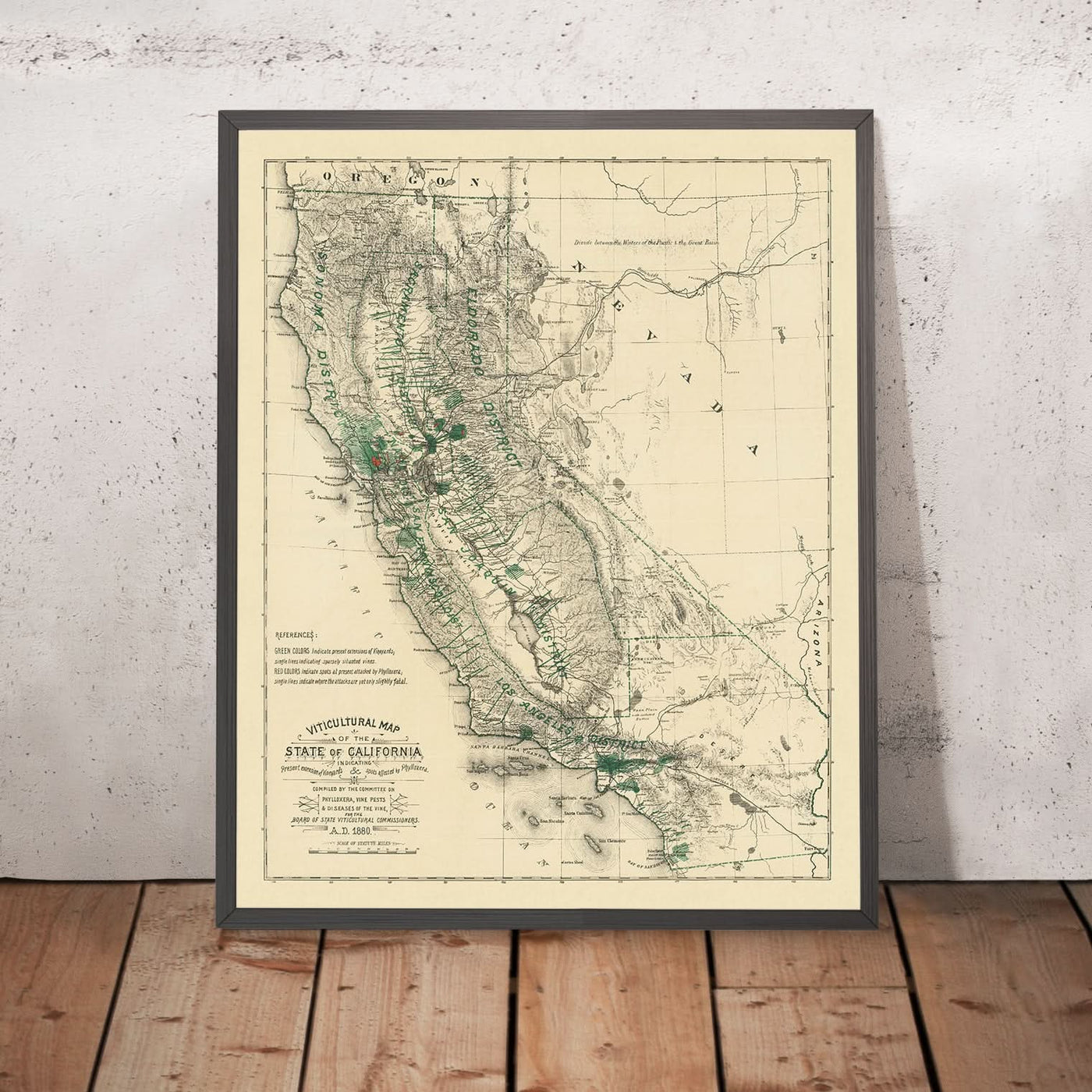Old Wine Map of California, 1880: San Francisco, Los Angeles, Sonoma, Vineyards, Phylloxera