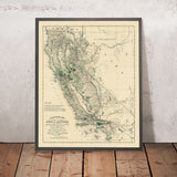 Mapa antiguo del vino de California, 1880: San Francisco, Los Ángeles, Sonoma, viñedos, filoxera 