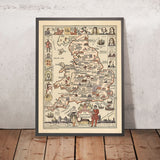 Alte historische Karte von England, 1936: Stonehenge, Globe Theatre, Parlament, Helden, Schlachten 