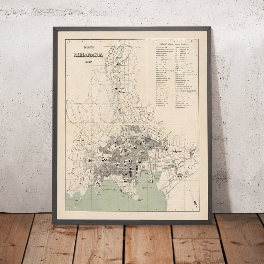 Vecchia mappa di Oslo di Steenstalles, 1867: Christiania, Palazzo Reale, Fortezza di Akershus, Karl Johans Gate, Bjørvika, Stortorvet 