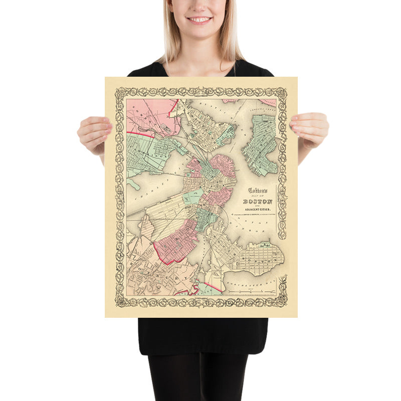 Mappa antica di Boston di Colton, 1866: Boston Common, State House, Porto di Boston, Cambridge, Charlestown 