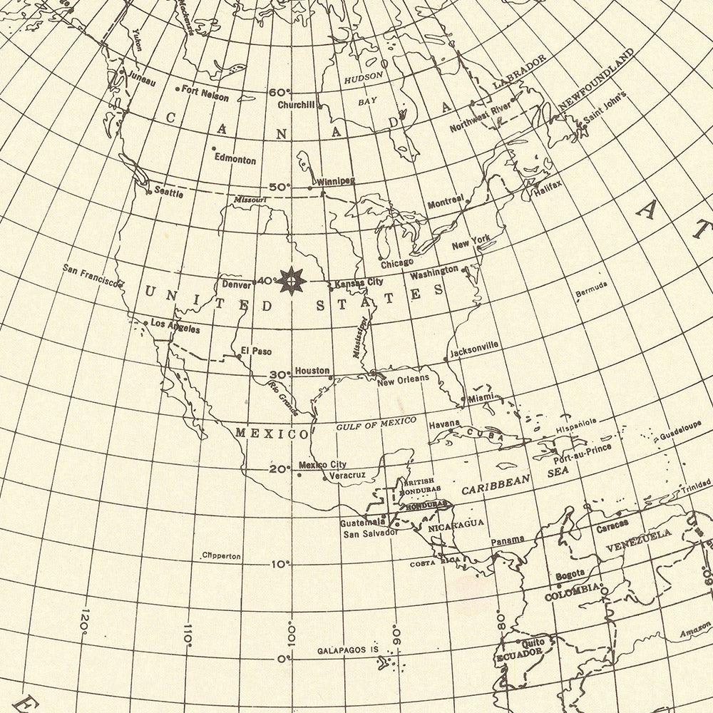Antigua Mapa Mundial Azimutal Centrado en los Estados Unidos, 1947 